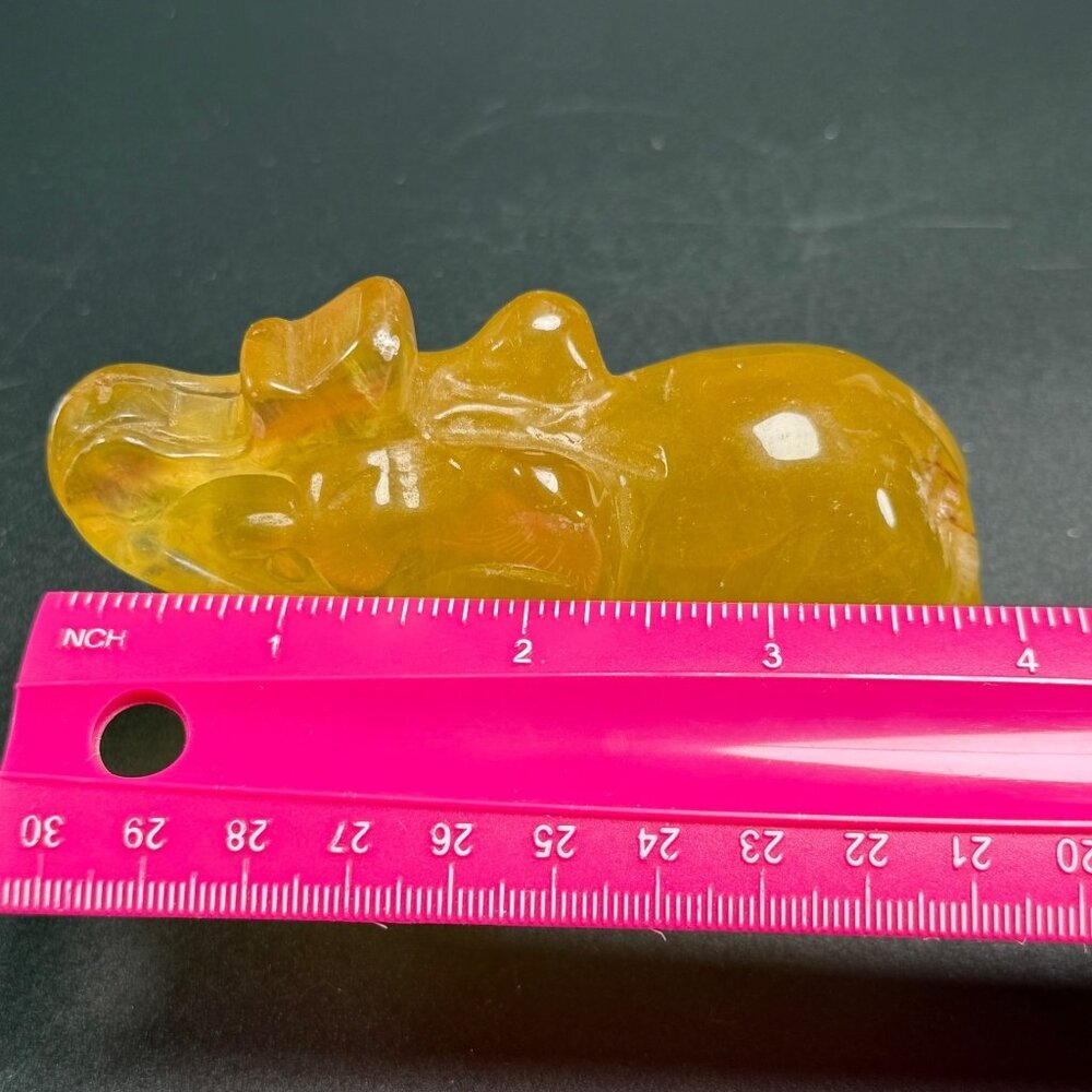 Natural Yellow Fluorite Elephant Hand Carved UVs Stone Trunk Up 4" 376g - Picture 8 of 11